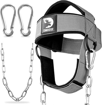 DMoose Fitness Neck Harness for Weight Lifting - Soft Padded Head & Chin Strap with 30" Heavy Duty Steel Chain - Neck Exerciser, Trainer & Strengthener to Support Injury Recovery and Intense Workouts