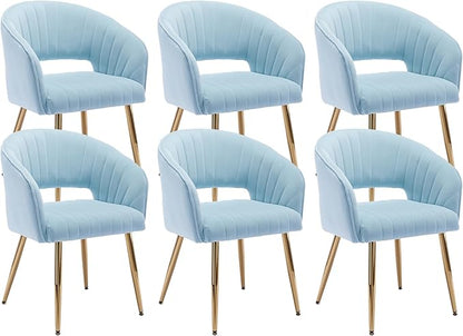 KCC Modern Accent Dining Chairs Set of 6, Velvet Dining Room Chairs with Tufted Hollow Back, Gold Metal Legs, Baby Blue