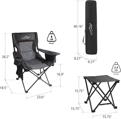 FAIR WIND Oversized Padded Camping Chair with Footrest Stool Set Heavy Duty Support 300 LBS Cooler Bag Chair - Black