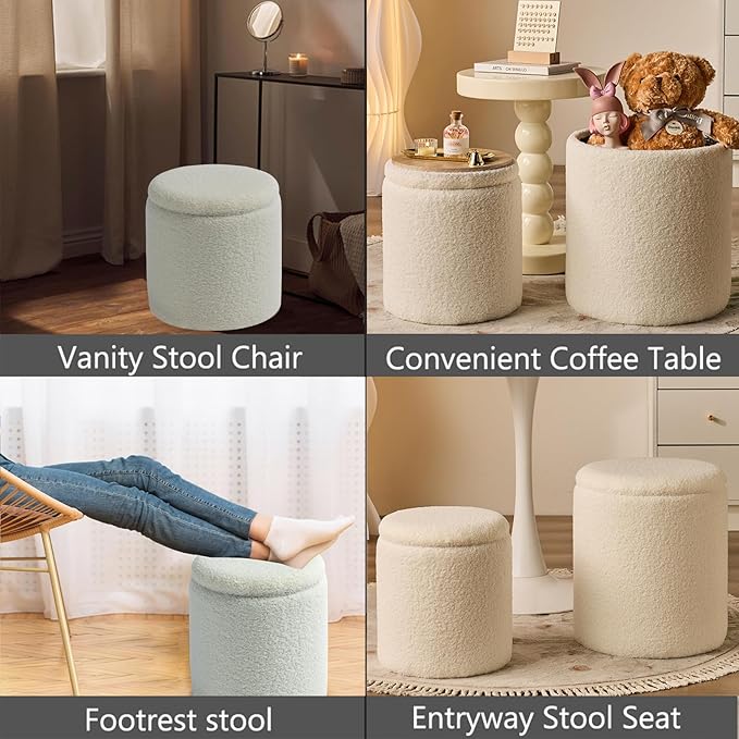 Round Ottoman with Storage Set of 2-Upholstered Sherpa Vanity Stool for MakeupMultifunctional Ottomans Coffee Table Padded Seat Foot Rest for LivingRoom&Bedroom(Sherpa White)