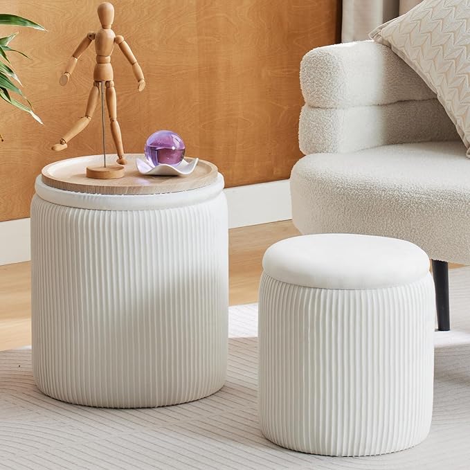 Round Ottoman with Storage Set of 2-Upholstered Velvet Vanity Stool for MakeupMultifunctional Ottomans Coffee Table Padded Seat Foot Rest for Living Room&Bedroom(White-Upgrade Tray Lid)