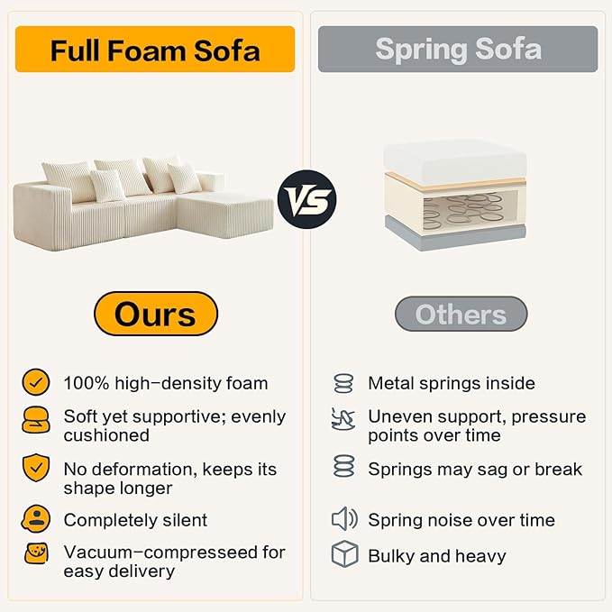 100.7" Boneless Couches for Living Room, Fully Memory Foam Sofa with Deep Seat, L Shape Sectional Couch Corduroy Fabric, Compressed Sofa in a Box,No Assembly Required (Beige, Right Facing Chaise)