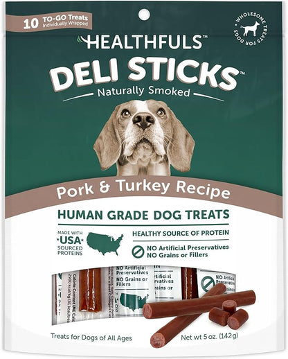HEALTHFULS Deli Sticks Pork and Turkey Human-Grade Gluten-Free Soft and Chewy Dog Treats, 10 Count Bag