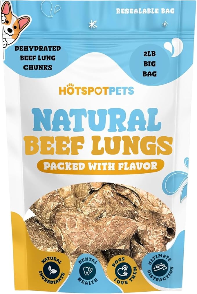 hotspot pets Dehydrated Beef Lung Dog Treats - 2lb Big Bag- All-Natural, One Ingredient - High Protein, Low Fat - Slow Roasted Oven Baked Dog Chews, A Healthy Rawhide Alternative for All Dogs