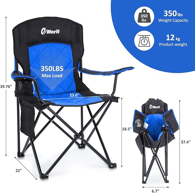EMERIT 2 Pack Oversized Padded Camping Chair, 350LB Heavy Duty Quad Fold Chair with Arms, Collapsible Outdoor Chairs with Lumbar Back & Cup Holder