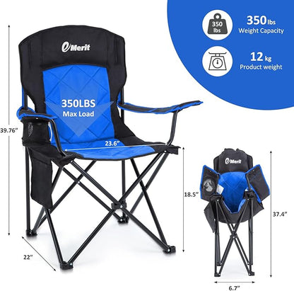 EMERIT 2 Pack Oversized Padded Camping Chair, 350LB Heavy Duty Quad Fold Chair with Arms, Collapsible Outdoor Chairs with Lumbar Back & Cup Holder