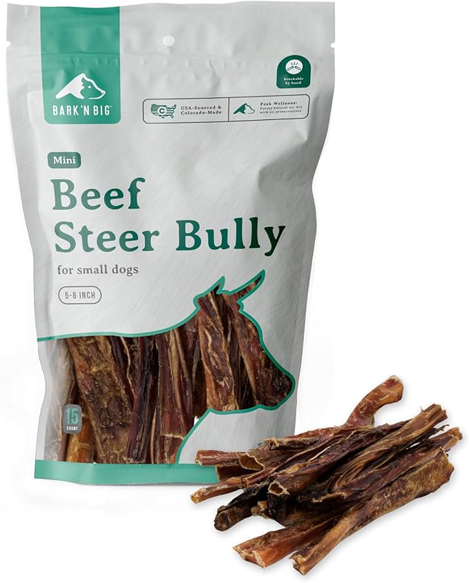BARK'N BIG USA Beef Steer Sticks for Dogs 5-6 Inch Mini Bully Sticks - Natural Single Ingredient Dog Chews for Small Dogs & Puppies - Made in USA - 15 Count
