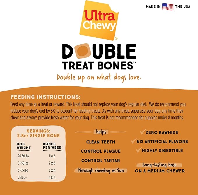 Ultra Chewy Peanut Butter Double Treat Bones: Long-Lasting Chews Made in USA, Highly Digestible, for Aggressive Chewers (Peanut Butter, 6 Count)