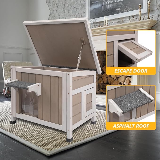 Insulated 22.44" L Cat House,All-Round Foam Feral Cat Shelter for Winter Cats,Outdoor Weatherproof Cat Enclosure with Asphalt Roof & 2 Escape Doors for Winter Small Cats,Grey