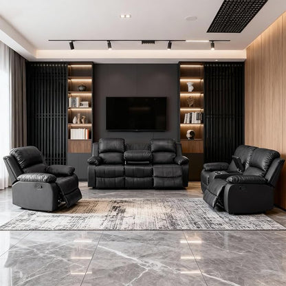 Saxum Tegmen Living Room Furniture Sets, 3 Pieces Sectional Leather Couch Set, Adjustable Recliner Sofa Sets for Living Room/Office (Chair, Loveseat & Sofa, Black)