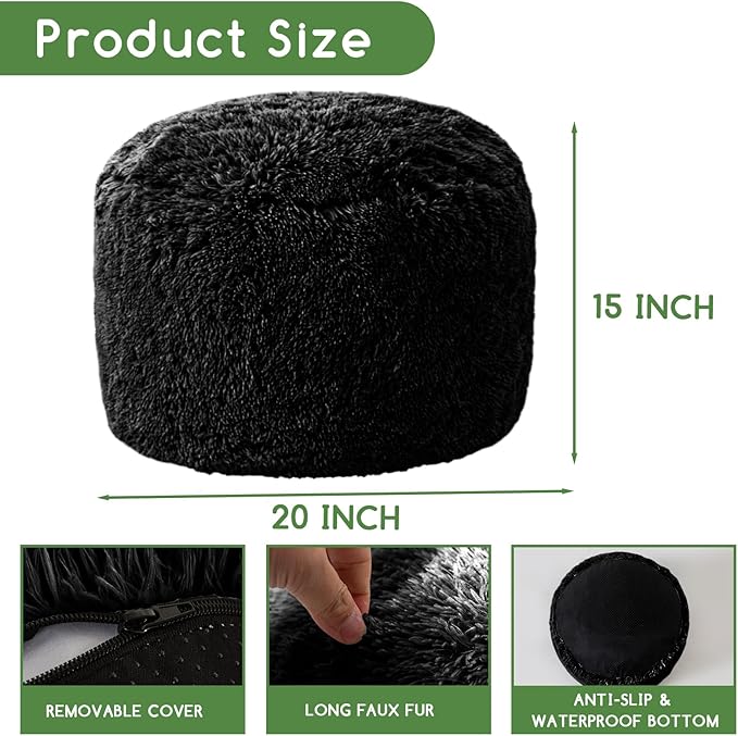HIGOGOGO Round Stuffed Pouf Ottoman, Long Faux Fur Poufs with Foam Chunk Filling, Fluffy and Furry Pouf Foot Stool Storage Ottoman, 20 X 15 Floor Poufs Foot Rest for Living Room, Black