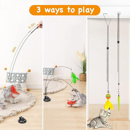 Cat Toys Wand, Interactive Cat Toy with Super Suction Cup Sticky Detachable 12 PCS Feather Replacements 2 Wands Cat Spring Feather Toys for Indoor Cats Kitten Toys (9 Toys Double Headed)