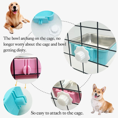 kathson Crate Dog Bowl, Removable Stainless Steel Hanging Pet Kennel Cage Bowl Food & Water Feeder Coop Cup for Puppy, Cat, Rabbit,Guinea Pigs 2pcs Large Square(Blue,Pink)