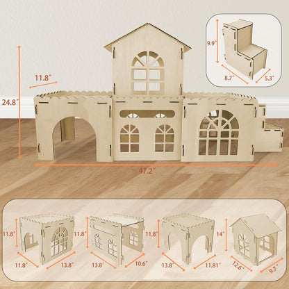 YUEPET Extra Large Wooden Rabbit Hideout Castle Detachable Bunny Tunnel Hut with Ramp Small Animal Houses & Habitats for Outdoor Indoor Rabbit Guinea Pig Chinchilla Ferret Hamster to Rest Hideawy Play