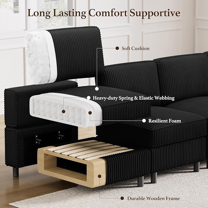 114.2" Modular Sectional Sofa with Deep Storage Seat,U Shaped Sectional Sofa Couch Convertible 6 Seater Corduroy Couch with Movable Ottoman,Upholstered Sectional Couches for Living Room,Black