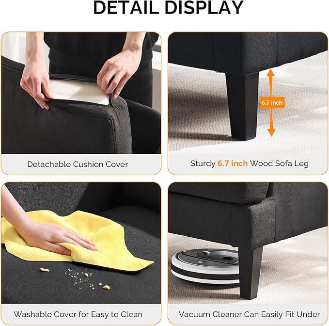 VINGLI Linen Fabric Accent Chair Black, Modern Upholstered Armchair, Comfy Sofa Chair Living Room Bedroom Furniture for Apartment