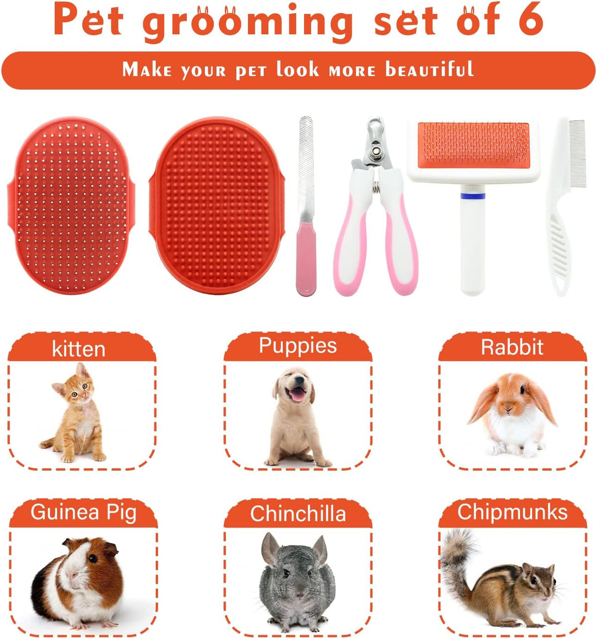 Cat Grooming Kit Set with Pet Shedding Slicker Brush Nail Clipper Trimmer Pet Massage Bath Glove Flea Comb for Bunny Puppy Kitten Guinea Pig Chinchilla Ferret Small Animals (Red, Pink)
