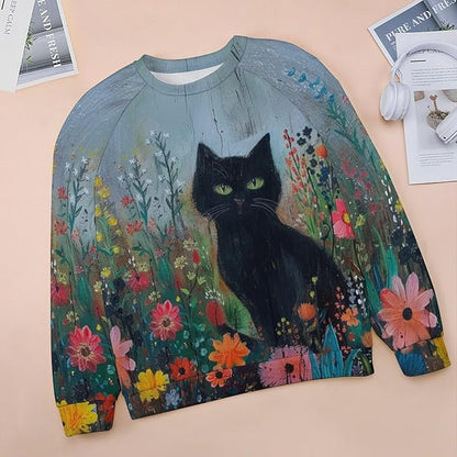 Long Sleeve Shirts for Women Cat Oil Painting Shirt 3D Graphic Sweatshirts Fall Pullover Crewneck Vintage Boho Tops