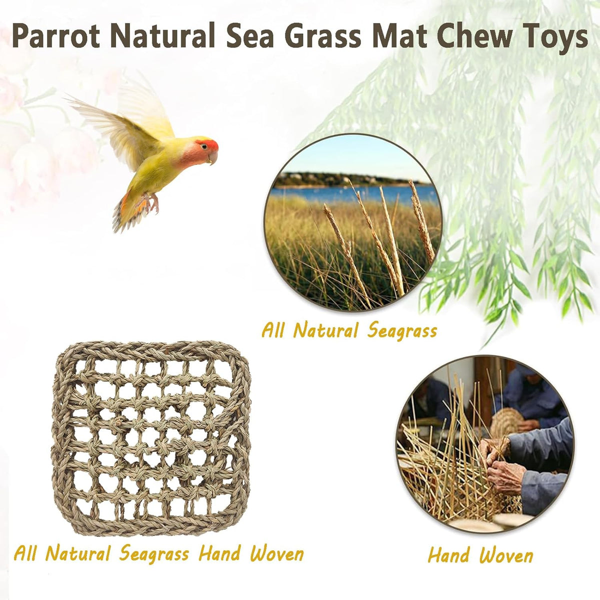 BNOSDM Bird Seagrass Mat, 3 PCS 7.1 x 7.1 Inches Parrot Natural Seagrass Woven Bird Net Hammock Mat, Parakeet Climbing Rope Ladder Chew Toys Hut Hideout for Lovebird Cockatiel Conure Budgie
