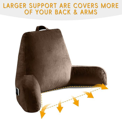 OAISZ Reading Pillow for Sitting in Bed Adult, Reading Pillow with Shredded Memory Foam, Back Pillow for Sitting Up with Extend Arms, Pockets, Bed Pillow with Washable Cover,Brown, X-Large