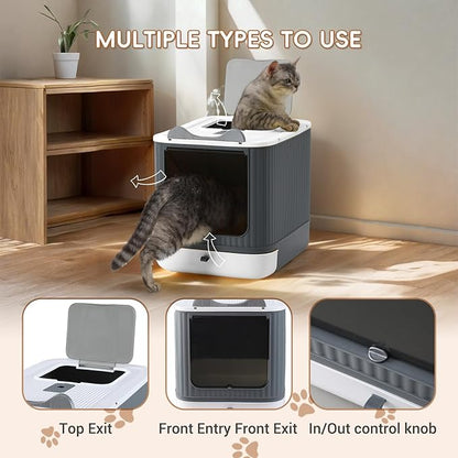 Foldable Cat Litter Box, Fully Enclosed Litter Box with Lid, Covered Kitty Kitten Litter Boxes Enclosure with Scoop, Odor Control, Easy to Clean, 3 Modes for Cat up to 12 lbs(White&Grey)