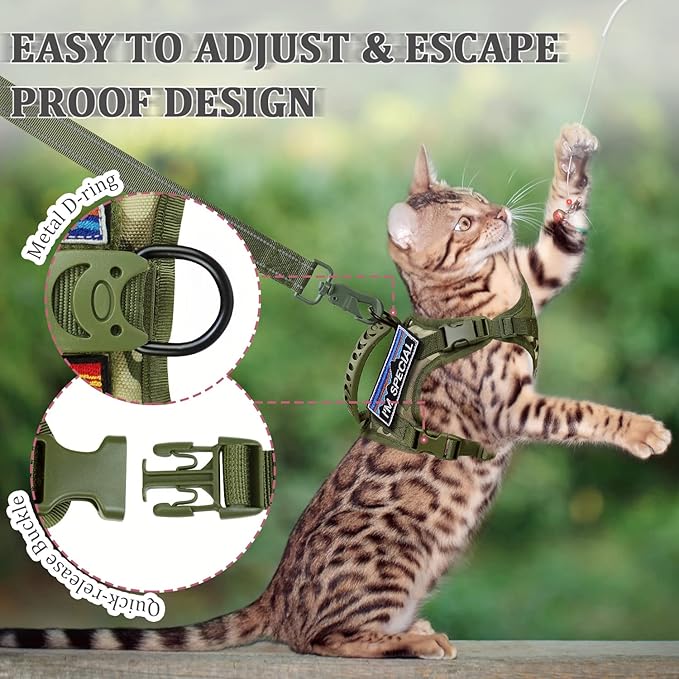Tactical Cat Harness and Leash for Walking Esacpe Proof,Adjustable Soft Mesh Large Cat Vest with Rubber Handle Easy to Control,Molle Patches