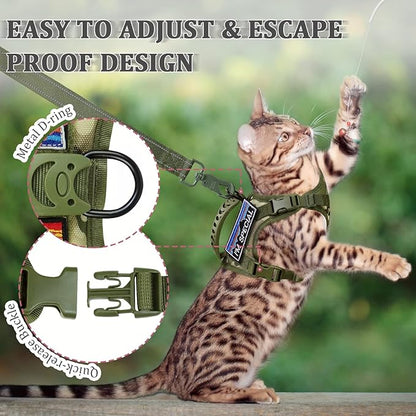 Tactical Cat Harness and Leash for Walking Esacpe Proof,Adjustable Soft Mesh Large Cat Vest with Rubber Handle Easy to Control,Molle Patches