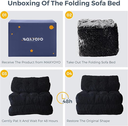 MAXYOYO Folding Sofa Bed, Convertible Sleeper Chair with Pillow Foldable Mattress with Back Support, Portable Fold Out Chair Bed Comfy Floor Sofa Lounge for Living Room Bedroom, Black, Single