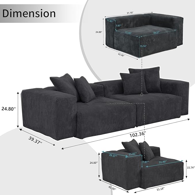 Sectional Couches for Living Room,102inch Cloud Couch Modular Sectional Sofa,Modern Corduroy Couch Love Seat,Cushion Covers Removable& Washable (Black)