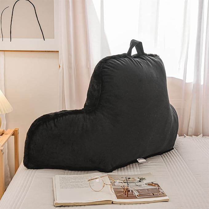 Aimuan Reading Pillow Bed Rest Pillow with Arms Rabbit Fur Cushion for Adults Teens Incline Rest Sitting up & Sleeping Snoring Pillow with Pregnancy Lumbar Back Support (Standard, Black)