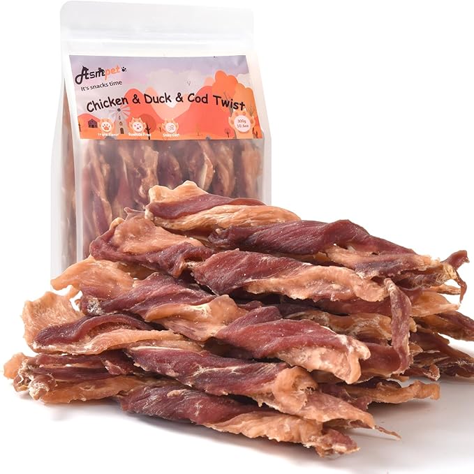 ASMPET Dog Jerky Treats, Triple Flavor Chicken Duck Cod Jerky Twists for Small Medium Large Dogs 10.6 oz