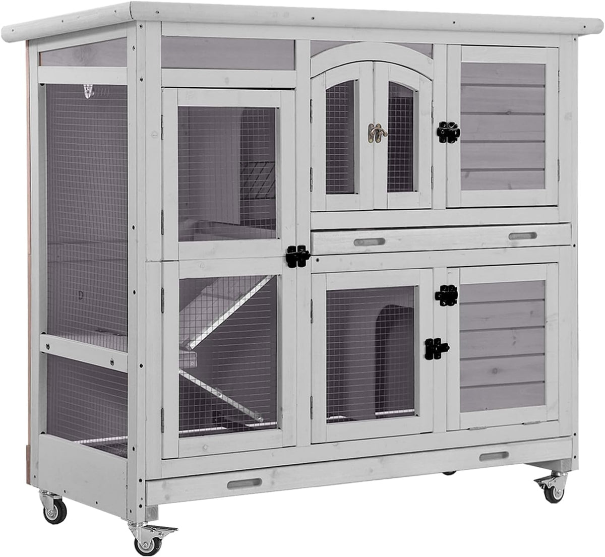 Aivituvin Rabbit Hutch Indoor, Bunny Cage with Wheels, 2-Story Design, 2 Deep Trays, Anti Slip Ramp, Ideal for Small Animals - Grey
