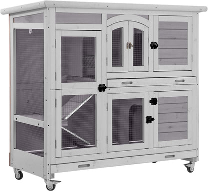 Aivituvin Rabbit Hutch Indoor, Bunny Cage with Wheels, 2-Story Design, 2 Deep Trays, Anti Slip Ramp, Ideal for Small Animals - Grey