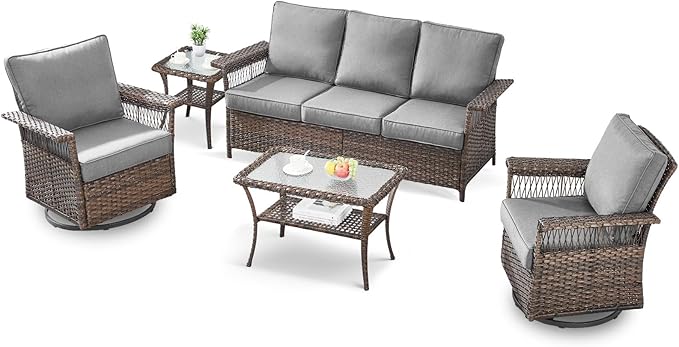 5 Pieces Wicker Patio Furniture Set - Hollow Widen Armrests Outdoor Swivel Glider Chairs and 3 Seat Sofa with Coffee Table & Side Table for Balcony Porch Deck and Yard - Brown/Gray
