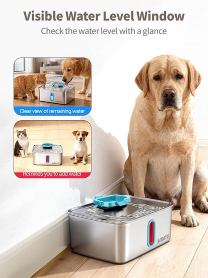 SIBAYS 4Gal/15L Large Dog Water Fountain, Stainless Steel Pet Water Fountain with Water Level Window and LED Light, Ultra Quiet Automatic Dog Water Bowl Dispenser, Easy to Clean(FS78, Silver-Blue)