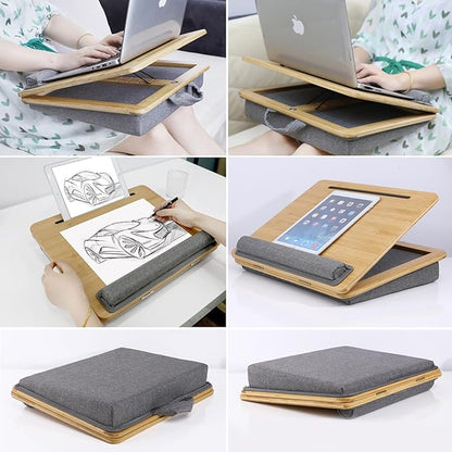 SUMISKY Adjustable Lap Desk-Portable Laptop Stand with Cushion, Bamboo Platform with Phone Holder, Wrist Pad Fits up to 15.6 Inch Laptops