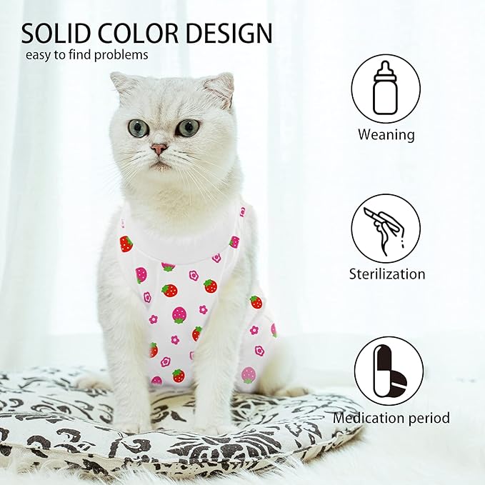 Cat Professional Surgical Recovery Suit,E-Collar Alternative for Cats Dogs,After Surgery Wear, Pajama Suit,Home Indoor Pets Clothing Strawberry S