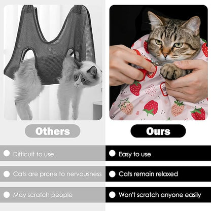 27.6" Cat Grooming Wrap, Self Adhesive Cat Wrap for Cutting Nails, Anti-Escape Cat Swaddle Wrap for Medicine Ear Cleaning, Strawberry Anti-Scratch Cats Burrito Restraint Blanket, Pet Tool (6-10 lbs)
