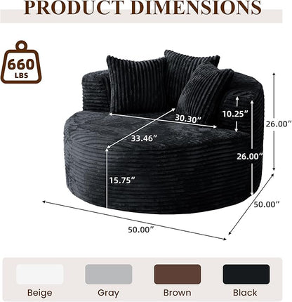 WJShome 50" Round Chaise Lounge Chair Indoor,Oversized Corduroy Upholstered Boneless Couch Deep Seat Sleeper Sofa Bed,No Assembly Required Couches for Living Room/Bedroom/Apartment,Black