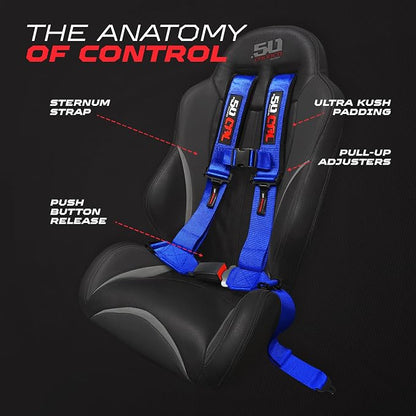 1pc 50 Cal Blue 4 Point Harness 2in Straps, Racing Harness Seat Belt | Ultra Kush padding, Push Button quick release hardware. Universal Fit for UTV, RZR, race car.