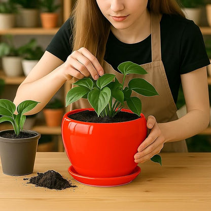 Deep Dream 8 Inch Plant Pots- Ceramic Pots for Plants with Drainage Hole and Saucer, Large Planter Pot for Indoor Plants Outdoor Decor, Red