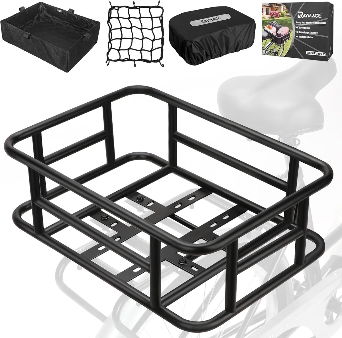 RAYMACE Rear Rack Bike Basket with Cargo Net and Liner Large Bicycle Basket Perfect Mount for Electric Bike