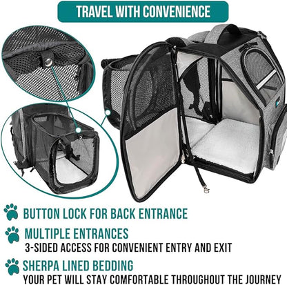 PetAmi Dog Cat Backpack Carrier, Expandable Pet Carrier Backpack for Travel Hiking, Small Medium Dog Puppy Large Cat Carrying Backpack, Airline Approved Ventilate Soft Back Support, 18 lbs, Light Gray