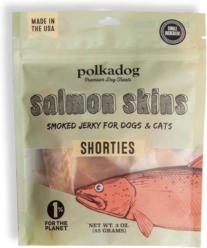 Polkadog Salmon Skins for Dogs (3oz Shortie) – All-Natural Dog Treats – Made in USA, Single Ingredient, Omega-3 Rich, Grain-Free & Hypoallergenic Salmon Jerky for All Breeds