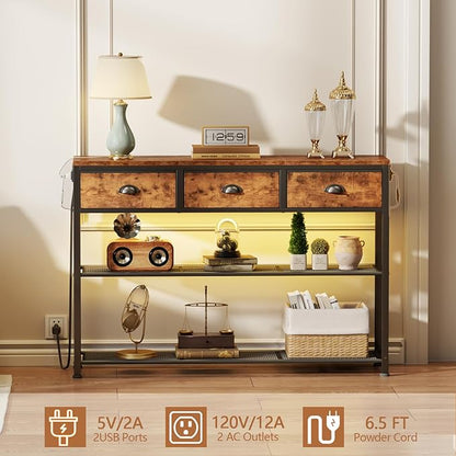 Furologee Console Table with Charging Station & 3 Fabric Drawers, 38'' Entryway Table with Storage Shelves and LED Light for Entry Way, Industrial Display Shelf for Hallway, Foyer, Rustic Brown