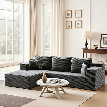 106'' Boneless Couches for Living Room, L Shaped Modular Sectional Sofa with Chaise Lounge, Faux Rabbit Fur & Layered Cushion Deep Seat Cloud Couch, No Assembly (Dark Grey, Left Facing Chaise)