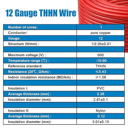 THHN Wire 12 Gauge 25 FT OFC Electrical Wire, 12 AWG Solid Copper Wire Rated up