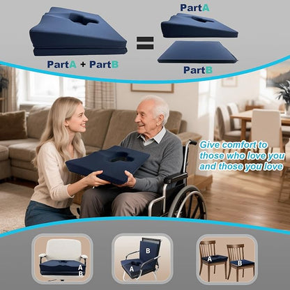 Rivquvi Gel Wheelchair Seat Cushion,Bed Sore Cushions for Butt,Office Chair Pressure Sore cushion,Memory Foam Pillow for bed,Pressure Ulcer Pain Relief,Relieve Sciatica,Coccyx,Washable Cover(Set Blue)