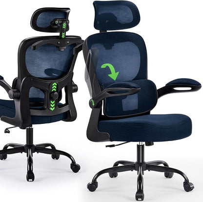 AreShark Office Chair Ergonomic Desk Chairs with Adjustable Lumbar Support& Headrest Hanger, High Back Breathable Mesh Chair with Wheels, Rolling Swivel Comfy Task Computer Chair for Home Work Gaming