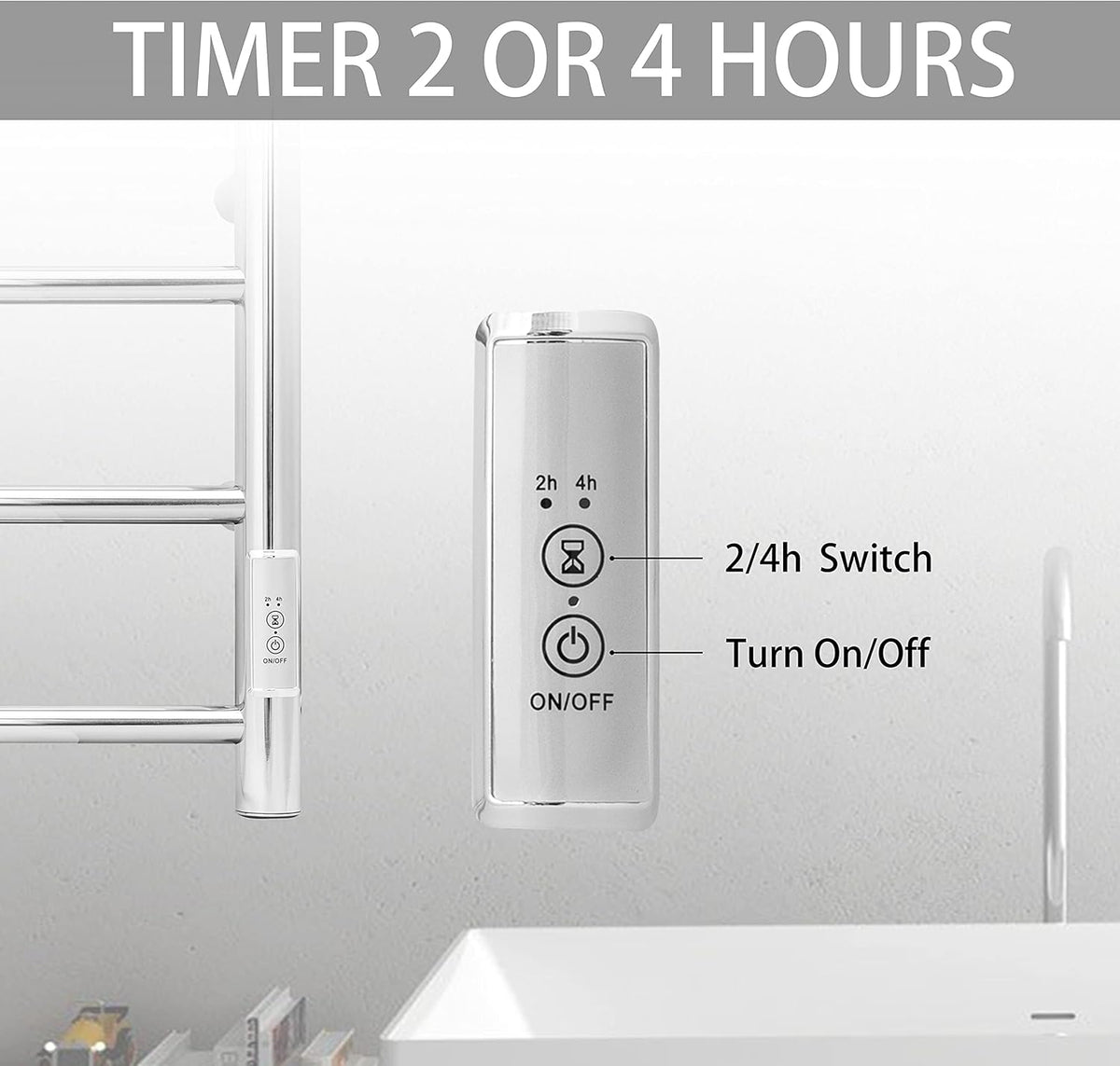 KEG Towel Warmer Wall Mounted with Built-in Timer 4 Bars Electric Stainless Steel Heated Towel Racks for Bathroom, Hot Plug-in Bath Towel Heater Polish Chrome